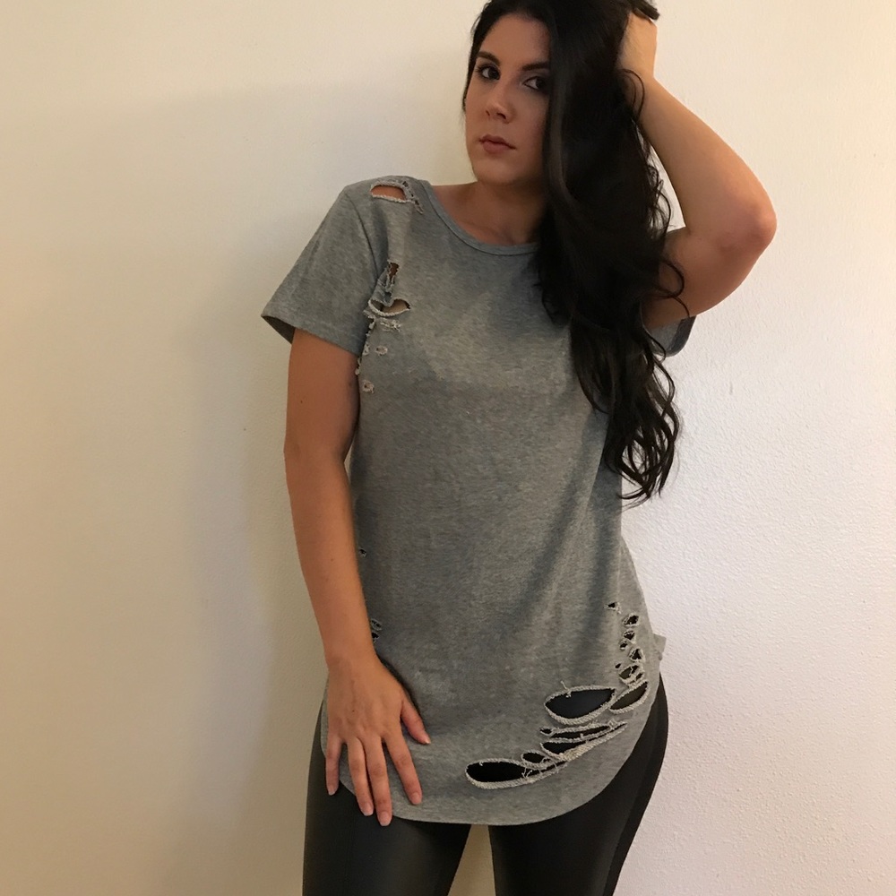 Heather Grey Shredded Long Line Tee